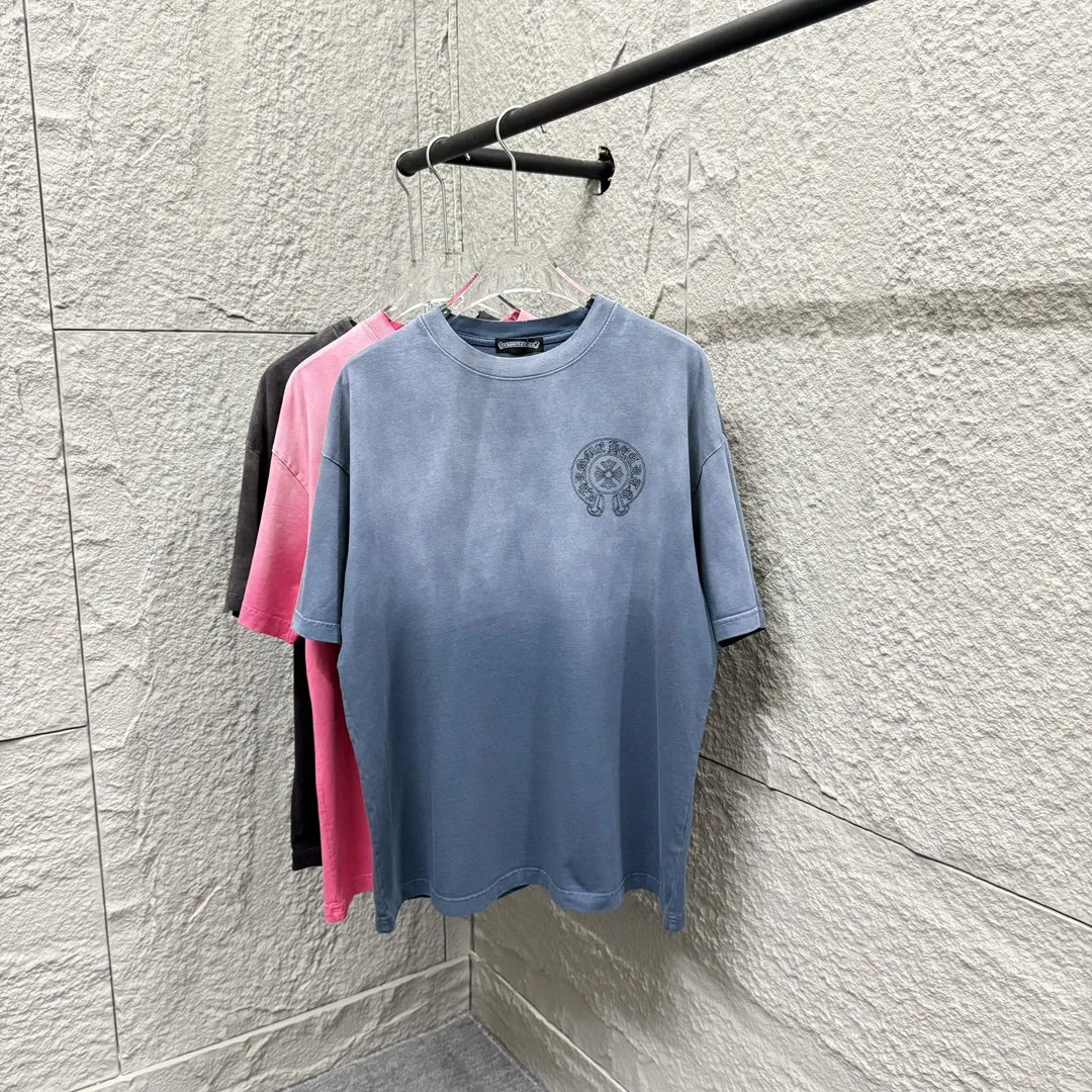 🅿️200 CH Croix Heart 2025 Summer New Style Heavy Acid Washing Gradient Distressing Chest Logo Classic Embroidery Customized Fabric Short Sleeve T-shirt Unisex Size: S M L XL XXL Five Codes (European Code) Color: Gradient Black Gradient Pink Gradient Blue